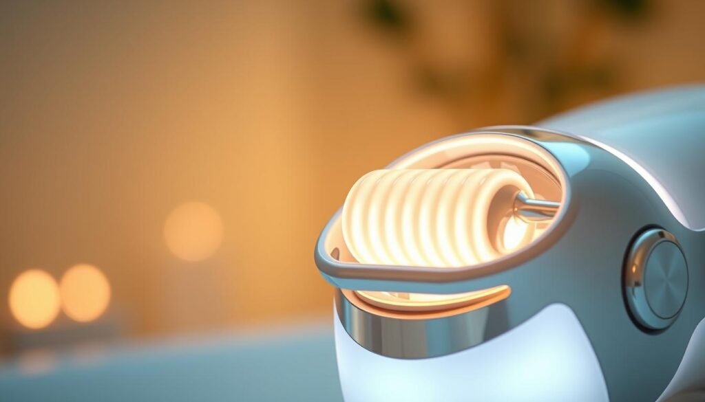 A high-resolution, close-up close-up shot of the Glowin Beaute "Oligio X 原美電波" facial treatment device. The device is positioned in the foreground, with a soft, glowing light emanating from it, illuminating the contours of the heart-shaped sculpting roller. The background is blurred and out of focus, creating a sense of depth and drawing the viewer's attention to the device. The lighting is warm and flattering, highlighting the sleek, metallic design of the device. The overall mood is serene and inviting, conveying the relaxing and rejuvenating effects of the Oligio X 原美電波 treatment. A high-resolution, close-up close-up shot of the Glowin Beaute "Oligio X 原美電波" facial treatment device. The device is positioned in the foreground, with a soft, glowing light emanating from it, illuminating the contours of the heart-shaped sculpting roller. The background is blurred and out of focus, creating a sense of depth and drawing the viewer's attention to the device. The lighting is warm and flattering, highlighting the sleek, metallic design of the device. The overall mood is serene and inviting, conveying the relaxing and rejuvenating effects of the Oligio X 原美電波 treatment.