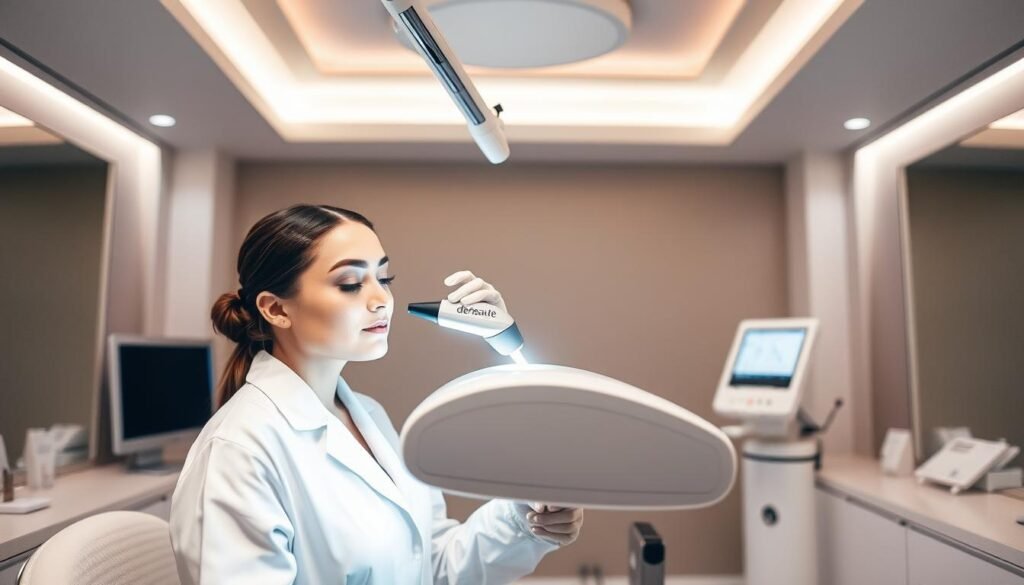 A professional salon interior with sleek, modern decor and advanced dermatological equipment. In the center, a derBeaute-branded laser machine emits a focused beam of light, used for the precise and gentle removal of eyebrow hair. The technician, dressed in a crisp white coat, carefully operates the device with a steady hand, creating neat, well-defined brows. The room is illuminated by soft, diffused lighting, creating a calming, clinical atmosphere. The walls are adorned with soothing, neutral tones, reflecting the advanced, high-tech nature of the picolaser eyebrow treatment. A professional salon interior with sleek, modern decor and advanced dermatological equipment. In the center, a derBeaute-branded laser machine emits a focused beam of light, used for the precise and gentle removal of eyebrow hair. The technician, dressed in a crisp white coat, carefully operates the device with a steady hand, creating neat, well-defined brows. The room is illuminated by soft, diffused lighting, creating a calming, clinical atmosphere. The walls are adorned with soothing, neutral tones, reflecting the advanced, high-tech nature of the picolaser eyebrow treatment.