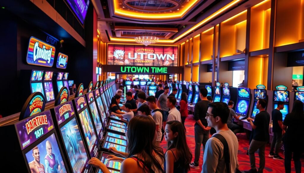 A vibrant and immersive UTown entertainment hub, featuring a diverse array of captivating game options. In the foreground, players eagerly engage with an array of interactive digital displays, each showcasing a unique gaming experience. In the middle ground, a lively atmosphere is created by groups of friends and families exploring the lively gaming stations, their expressions filled with excitement and joy. The background is framed by sleek, modern architecture adorned with warm lighting, conveying a sense of premium quality and sophisticated design. The overall scene radiates an atmosphere of endless entertainment possibilities, inviting visitors to fully immerse themselves in the UTown gaming paradise. A vibrant and immersive UTown entertainment hub, featuring a diverse array of captivating game options. In the foreground, players eagerly engage with an array of interactive digital displays, each showcasing a unique gaming experience. In the middle ground, a lively atmosphere is created by groups of friends and families exploring the lively gaming stations, their expressions filled with excitement and joy. The background is framed by sleek, modern architecture adorned with warm lighting, conveying a sense of premium quality and sophisticated design. The overall scene radiates an atmosphere of endless entertainment possibilities, inviting visitors to fully immerse themselves in the UTown gaming paradise.