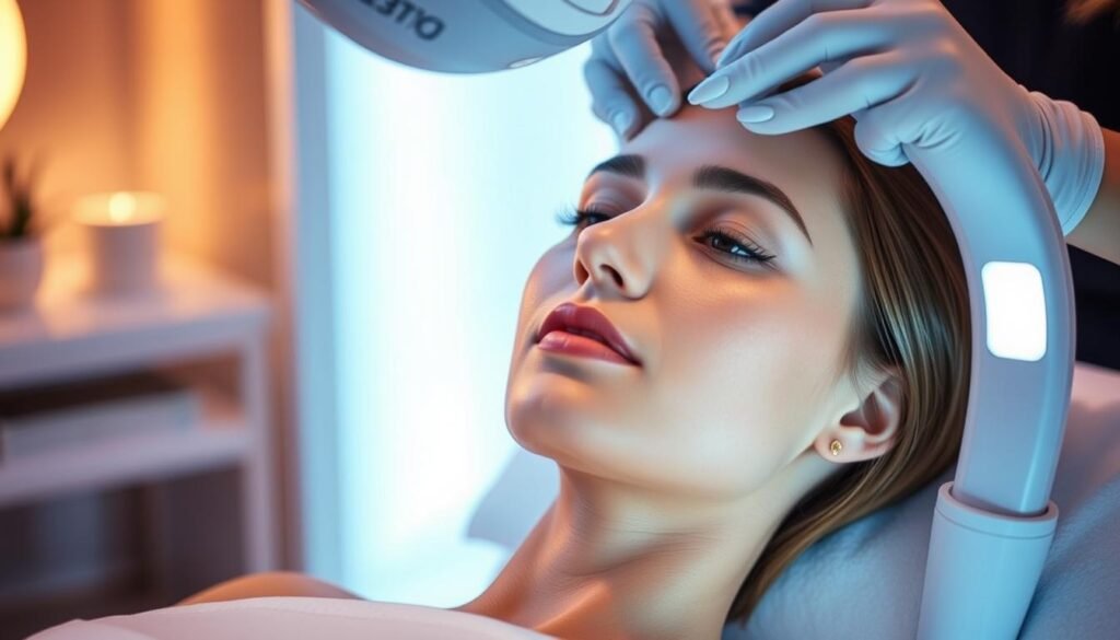 An advanced clinical beauty treatment, Oligio X 原美電波by Glowin Beaute, performed in a serene, modern medical spa setting. The client rests comfortably as a technician precisely applies focused radio frequency energy to contour and tighten the skin, revealing a more youthful, radiant complexion. Warm, flattering lighting accentuates the smooth, even skin tone. The procedure is non-invasive, with no visible needles or scars. An atmosphere of calm professionalism and advanced skincare technology. An advanced clinical beauty treatment, Oligio X 原美電波by Glowin Beaute, performed in a serene, modern medical spa setting. The client rests comfortably as a technician precisely applies focused radio frequency energy to contour and tighten the skin, revealing a more youthful, radiant complexion. Warm, flattering lighting accentuates the smooth, even skin tone. The procedure is non-invasive, with no visible needles or scars. An atmosphere of calm professionalism and advanced skincare technology.