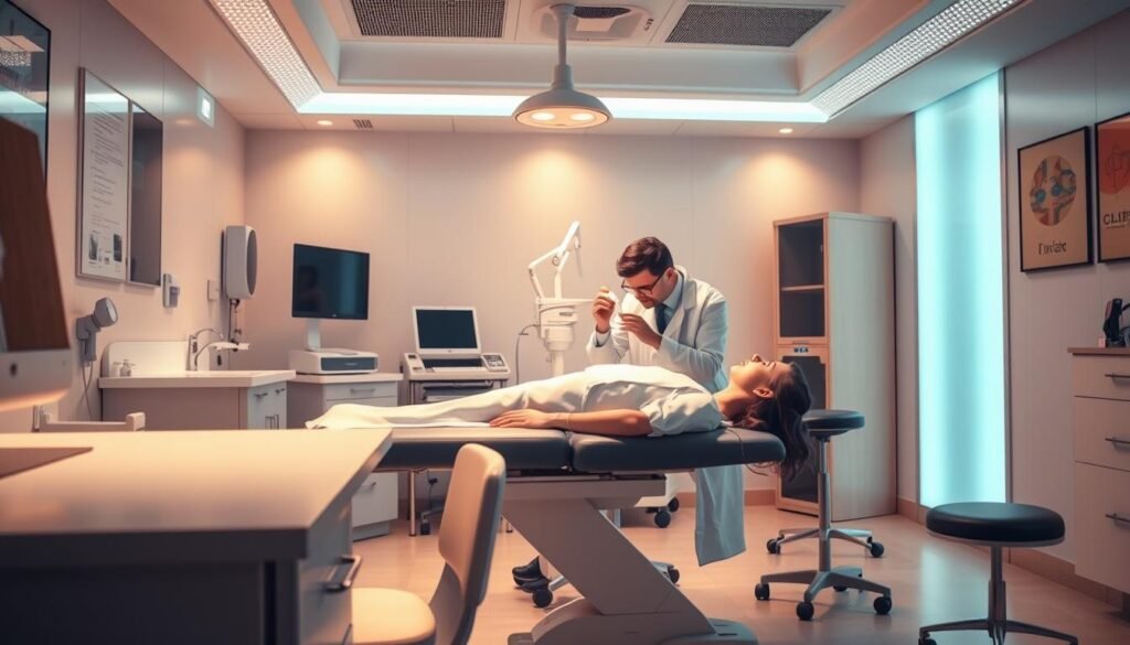 A brightly lit medical examination room with a doctor's desk in the foreground, a patient lying on a treatment table in the middle ground, and the doctor performing a diagnostic procedure on the patient's ear in the background. The room is outfitted with modern medical equipment, and the doctor wears a white lab coat and has a focused, professional expression. The lighting is warm and inviting, creating a sense of trust and care. The image captures the diagnostic stage of the "earwax repositioning treatment" procedure, reflecting the section title "Diagnosis Methods for Earwax Repositioning Treatment".