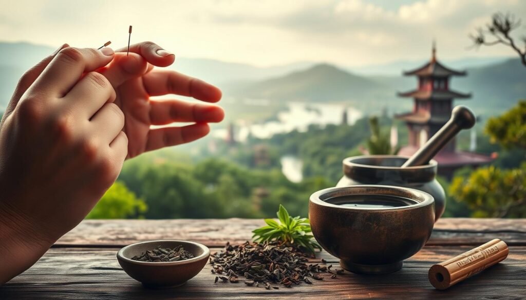 A calming, serene scene depicting various traditional Chinese medicine treatments for tinnitus. In the foreground, a pair of delicate hands gently applying acupuncture needles to the patient's ear. In the middle ground, a mortar and pestle are used to grind herbs, while a steaming cup of herbal tea sits nearby. In the background, a tranquil landscape with rolling hills, pagodas, and a serene river. The lighting is soft and diffused, creating a soothing, therapeutic atmosphere. The overall composition conveys a sense of harmony, balance, and the holistic approach of traditional Chinese medicine in treating tinnitus.