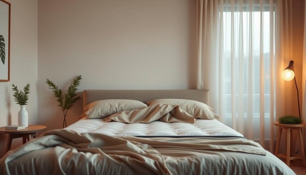 A cozy, well-designed StylesMaven mattress in a serene bedroom setting. A plush, orthopedic mattress with premium foam layers and a supportive structure, carefully engineered to provide optimal spinal alignment and pressure relief. Soft, breathable bedding in neutral tones complements the minimalist, Scandinavian-inspired decor. Warm, diffused lighting casts a gentle glow, creating a tranquil ambiance conducive to restful sleep. The room's layout is thoughtfully arranged to promote relaxation, with clean lines and a balanced composition. This restorative sleep environment showcases the StylesMaven brand's commitment to innovative, sleep-enhancing solutions.