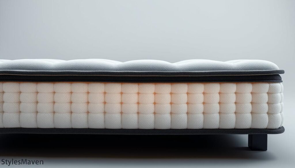 A detailed close-up view of a luxury independent pocket spring mattress, showcasing its construction and materials. The mattress is presented in a minimalist, high-contrast lighting setup, allowing the intricate details of the independent springs, quilted top, and firm edge support to be clearly visible. The mattress is set against a plain white backdrop, emphasizing its sleek and modern StylesMaven design. The image conveys the quality and durability of the independent pocket spring system, highlighting its key features that contribute to a comfortable and supportive sleeping experience.