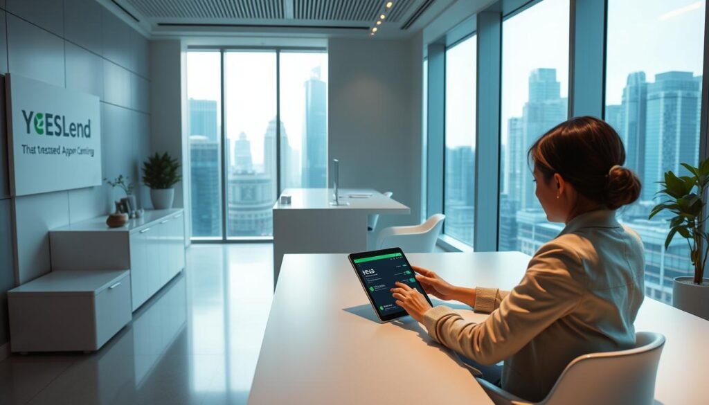 A dynamic and modern financial experience unfolds in a sleek, minimalist office setting. In the foreground, a person sits at a desk, engaged with a YESLend tablet interface, conveying the seamless, tech-driven loan application process. The middle ground features a clean, well-lit environment with subtle branding elements, reflecting the trusted and efficient nature of the service. The background showcases Hong Kong's vibrant urban landscape through large windows, symbolizing the intersection of innovative finance and the city's dynamism. Soft, natural lighting and a calm, professional atmosphere create an inviting atmosphere, highlighting how technology has transformed the traditional lending experience in Hong Kong.