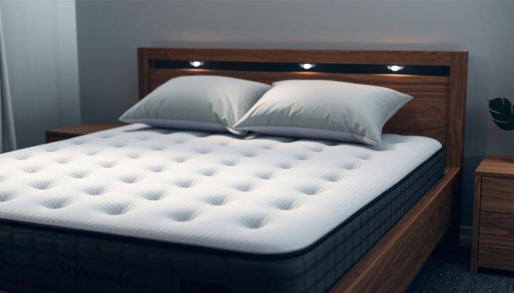 A meticulously designed independent coil spring mattress by StylesMaven, featuring a plush pillow-top surface and sleek charcoal gray fabric. The bed frame showcases a minimalist wooden design, with clean lines and a natural finish. Soft, diffused lighting emanates from discreet recessed fixtures, creating a calming ambiance. The scene conveys a sense of comfort and relaxation, hinting at the potential drawbacks of this bedding option, such as limited customization and higher cost. A meticulously designed independent coil spring mattress by StylesMaven, featuring a plush pillow-top surface and sleek charcoal gray fabric. The bed frame showcases a minimalist wooden design, with clean lines and a natural finish. Soft, diffused lighting emanates from discreet recessed fixtures, creating a calming ambiance. The scene conveys a sense of comfort and relaxation, hinting at the potential drawbacks of this bedding option, such as limited customization and higher cost.