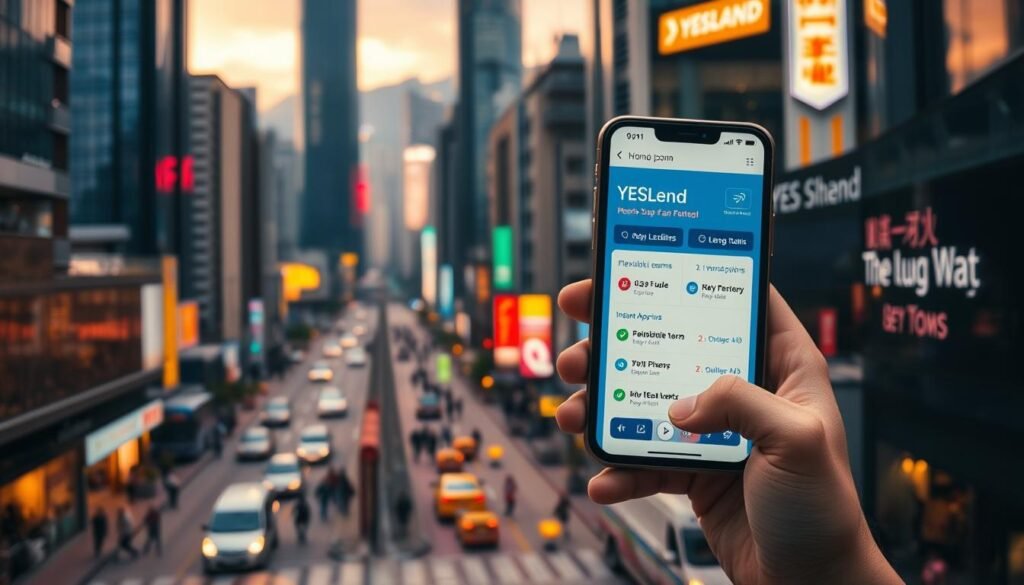 A modern cityscape with the bustling streets of Hong Kong as the backdrop. In the foreground, a person is navigating a sleek, futuristic mobile app on their smartphone, exploring the various lending options offered by YESLend, a prominent fintech company. The app's interface showcases a seamless user experience, with options for flexible loan terms, instant approvals, and convenient repayment plans. The middle ground features a mix of high-rise buildings and neon-lit signages, representing the rapidly evolving financial landscape of the city. The lighting is a warm, vibrant tone, creating an atmosphere of progress and innovation. The overall composition conveys the idea of how technology is transforming the way people in Hong Kong access and manage their financial needs, particularly through the lens of modern lending solutions.