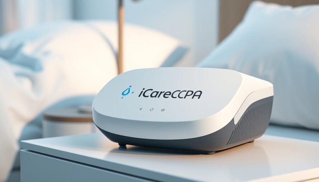 A sleek, modern medical device with the iCareCPAP brand name prominently displayed. The device has a clean, minimalist design with smooth curves and a matte white finish. The front panel features a simple control interface with LED indicators. The device is situated on a minimalist bedside table, surrounded by a serene, calming environment. The lighting is soft and indirect, creating a soothing atmosphere. The overall scene conveys a sense of comfort and ease, with the medical device seamlessly integrated into the bedroom setting, promoting an optimized user experience.