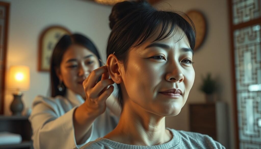 A traditional Chinese medicine clinic, with an acupuncturist carefully inserting needles into a patient's ear. In the background, a physical therapist guides the patient through gentle neck and shoulder exercises. Soft, warm lighting illuminates the scene, creating a serene, healing atmosphere. The patient's expression conveys a sense of relief and relaxation as the integrated treatment takes effect. The image captures the essence of this holistic approach to addressing the root causes of tinnitus, or persistent ear ringing.
