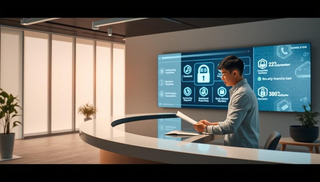 A well-lit interior scene depicting the secure financial services offered by YESLend, a trusted Hong Kong lending institution. In the foreground, a customer reviews loan documents on a sleek and modern desk, their expression conveying a sense of confidence and assurance. The middle ground features a large display screen showcasing various security measures, including biometric authentication and encrypted data transfer. The background is filled with a serene, minimalist office space, with clean lines, muted colors, and large windows that allow natural light to flood the room, creating an atmosphere of transparency and reliability. The overall mood is one of professionalism, innovation, and unwavering commitment to safeguarding the financial well-being of YESLend's clients.