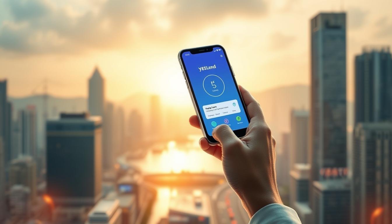 Prompt A vibrant, technologically-advanced scene showcasing the new era of borrowing in Hong Kong. In the foreground, a person seamlessly interacts with a sleek mobile device, utilizing the YESLend app to secure a quick loan. The middle ground depicts a bustling urban landscape, skyscrapers, and a hint of the iconic Hong Kong skyline. The background is illuminated by a warm, golden glow, symbolizing the ease and accessibility of modern finance. The overall atmosphere conveys a sense of innovation, progress, and the transformative power of technology in shaping the borrowing experience.