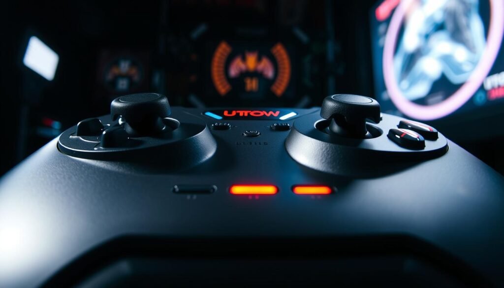 A detailed, high-definition image of the "UTown" video game console controller, showcasing the intricate details of the "Thor's Hammer" game signals and output levels. The controller is depicted with a sleek, metallic finish, captured in a dramatic, low-angle perspective that emphasizes its power and authority. The foreground features the controller's buttons and joysticks, with a focus on the "Thor's Hammer" gameplay indicators, displayed in a vibrant, neon-like color palette. The middle ground showcases the controller's overall shape and form, while the background provides a sense of depth and atmosphere, with a dimly lit, moody environment that enhances the technological and futuristic feel of the scene. A detailed, high-definition image of the "UTown" video game console controller, showcasing the intricate details of the "Thor's Hammer" game signals and output levels. The controller is depicted with a sleek, metallic finish, captured in a dramatic, low-angle perspective that emphasizes its power and authority. The foreground features the controller's buttons and joysticks, with a focus on the "Thor's Hammer" gameplay indicators, displayed in a vibrant, neon-like color palette. The middle ground showcases the controller's overall shape and form, while the background provides a sense of depth and atmosphere, with a dimly lit, moody environment that enhances the technological and futuristic feel of the scene.
