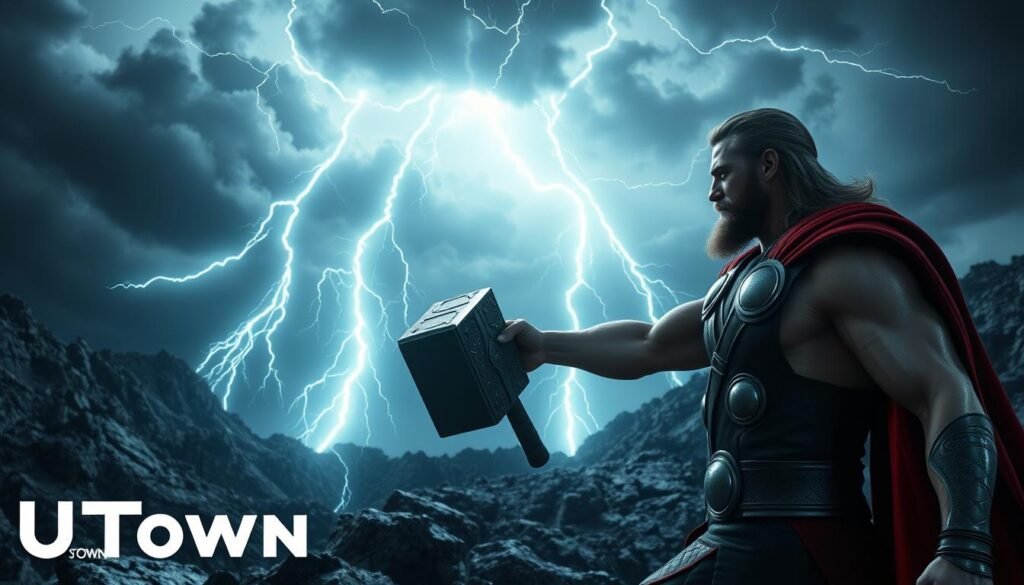 A dramatic scene of the Norse god of thunder, Thor, testing and experimenting with his mighty hammer Mjolnir in a lightning-filled training simulation. The foreground features a detailed rendering of Thor, his muscular form and heroic pose exuding power and confidence. The middle ground showcases brilliant flashes of lightning crashing down, illuminating the rugged terrain. In the background, swirling clouds and a moody, atmospheric sky set the stage for this epic, high-stakes trial. The lighting is cinematic, with dramatic shadows and highlights accentuating the drama. The overall mood is one of raw, unbridled energy and the sense of a hero honing their skills. The UTown logo is discreetly placed in the lower corner. A dramatic scene of the Norse god of thunder, Thor, testing and experimenting with his mighty hammer Mjolnir in a lightning-filled training simulation. The foreground features a detailed rendering of Thor, his muscular form and heroic pose exuding power and confidence. The middle ground showcases brilliant flashes of lightning crashing down, illuminating the rugged terrain. In the background, swirling clouds and a moody, atmospheric sky set the stage for this epic, high-stakes trial. The lighting is cinematic, with dramatic shadows and highlights accentuating the drama. The overall mood is one of raw, unbridled energy and the sense of a hero honing their skills. The UTown logo is discreetly placed in the lower corner.