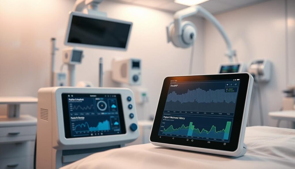 A high-resolution, detailed image of the "iCareCPAP" sleep apnea machine maintenance record system. The system is shown in a clean, modern medical setting with soft lighting and a minimalist, user-friendly interface. The machine itself is prominently displayed, showcasing its sleek, white design and intuitive control panel. In the foreground, a digital display shows the patient's sleep data and maintenance history, with easy-to-read graphs and charts. The background features medical equipment and a soothing, calming atmosphere to convey the system's role in improving patient health and well-being. A high-resolution, detailed image of the "iCareCPAP" sleep apnea machine maintenance record system. The system is shown in a clean, modern medical setting with soft lighting and a minimalist, user-friendly interface. The machine itself is prominently displayed, showcasing its sleek, white design and intuitive control panel. In the foreground, a digital display shows the patient's sleep data and maintenance history, with easy-to-read graphs and charts. The background features medical equipment and a soothing, calming atmosphere to convey the system's role in improving patient health and well-being.