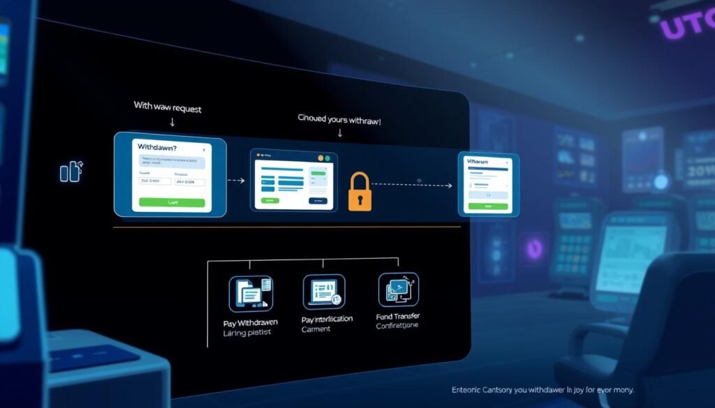 A high-resolution, intricate illustration depicting the step-by-step process of cash withdrawal from the UTown online casino platform. The foreground showcases a series of interactive UI elements, including a withdrawal request form, a secure payment gateway, and confirmation screens. The middle ground features a stylized icon-based representation of the withdrawal workflow, highlighting key stages like account verification and fund transfer. The background sets the scene with a sleek, modern interface design and subtle branding elements that convey the UTown aesthetic. The overall composition exudes a sense of efficiency, security, and user-friendliness, reflecting the focus on enhancing the withdrawal experience. A high-resolution, intricate illustration depicting the step-by-step process of cash withdrawal from the UTown online casino platform. The foreground showcases a series of interactive UI elements, including a withdrawal request form, a secure payment gateway, and confirmation screens. The middle ground features a stylized icon-based representation of the withdrawal workflow, highlighting key stages like account verification and fund transfer. The background sets the scene with a sleek, modern interface design and subtle branding elements that convey the UTown aesthetic. The overall composition exudes a sense of efficiency, security, and user-friendliness, reflecting the focus on enhancing the withdrawal experience.
