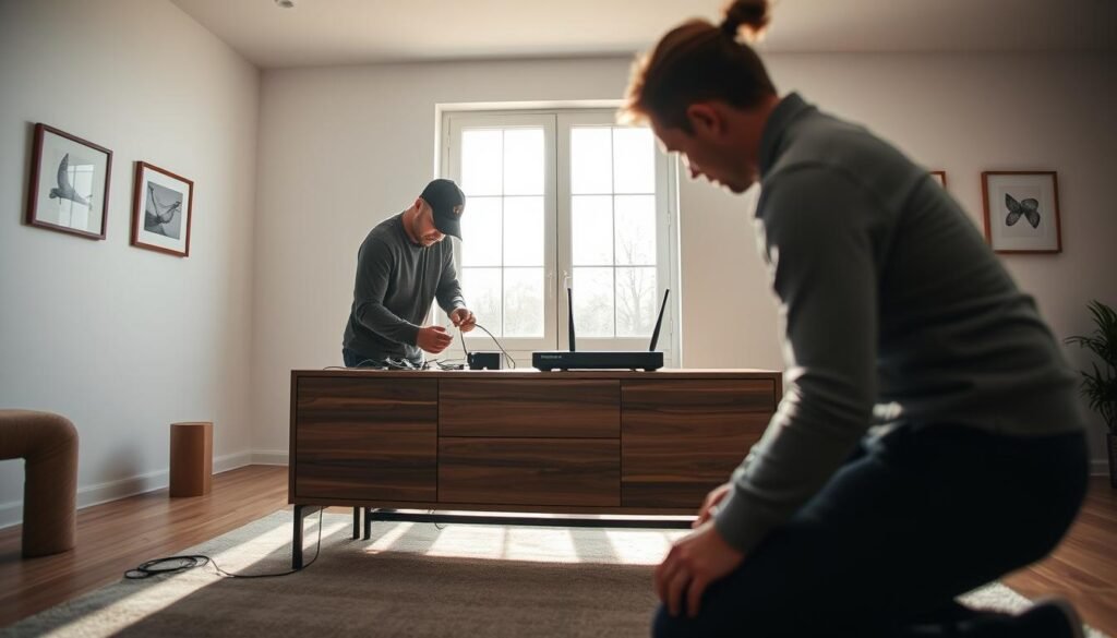 A modern and minimalist interior scene showcasing the installation process of Telecombrother's high-speed home broadband. In the foreground, a technician carefully connects cables and installs a router on a sleek wooden console table. The middle ground features a large window allowing natural light to flood the space, creating a warm and inviting atmosphere. In the background, a clean white wall with subtle, contemporary art pieces complements the overall aesthetic. The scene conveys a sense of efficiency, professionalism, and the effortless integration of high-tech solutions into a harmonious home environment. A modern and minimalist interior scene showcasing the installation process of Telecombrother's high-speed home broadband. In the foreground, a technician carefully connects cables and installs a router on a sleek wooden console table. The middle ground features a large window allowing natural light to flood the space, creating a warm and inviting atmosphere. In the background, a clean white wall with subtle, contemporary art pieces complements the overall aesthetic. The scene conveys a sense of efficiency, professionalism, and the effortless integration of high-tech solutions into a harmonious home environment.