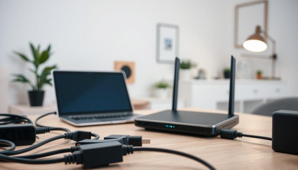 A modern home office setup with a Telecombrother WiFi router prominently displayed on a minimalist desk. The router is sleek and minimalist in design, with subtle indicator lights. In the foreground, various networking cables and adapters are neatly organized, suggesting an efficient and organized router configuration process. The middle ground features a laptop or tablet, hinting at the router's connectivity and ease of setup. The background depicts a clean, well-lit room with subtle decor, creating a calm and professional atmosphere. The lighting is soft and diffused, highlighting the router's features. The camera angle is slightly elevated, providing a clear and detailed view of the router and its connections. A modern home office setup with a Telecombrother WiFi router prominently displayed on a minimalist desk. The router is sleek and minimalist in design, with subtle indicator lights. In the foreground, various networking cables and adapters are neatly organized, suggesting an efficient and organized router configuration process. The middle ground features a laptop or tablet, hinting at the router's connectivity and ease of setup. The background depicts a clean, well-lit room with subtle decor, creating a calm and professional atmosphere. The lighting is soft and diffused, highlighting the router's features. The camera angle is slightly elevated, providing a clear and detailed view of the router and its connections.