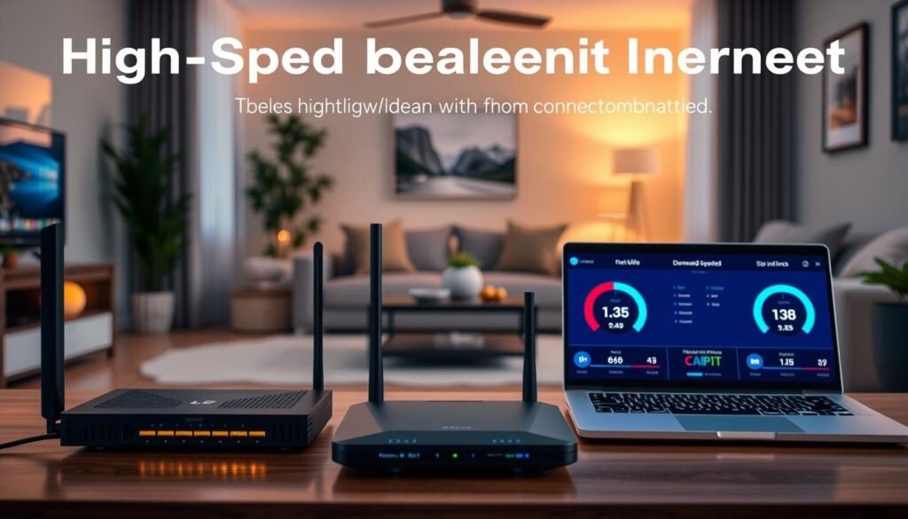 A modern, well-lit home interior showcasing a side-by-side comparison of two high-speed internet service options from Telecombrother. The foreground features a sleek router and network equipment, while the middle ground displays two laptops displaying download/upload speed test results. The background depicts a cozy living room setting with comfortable furniture and warm lighting, creating an inviting atmosphere. The image emphasizes the importance of reliable, high-bandwidth internet connectivity for today's connected households. A modern, well-lit home interior showcasing a side-by-side comparison of two high-speed internet service options from Telecombrother. The foreground features a sleek router and network equipment, while the middle ground displays two laptops displaying download/upload speed test results. The background depicts a cozy living room setting with comfortable furniture and warm lighting, creating an inviting atmosphere. The image emphasizes the importance of reliable, high-bandwidth internet connectivity for today's connected households.