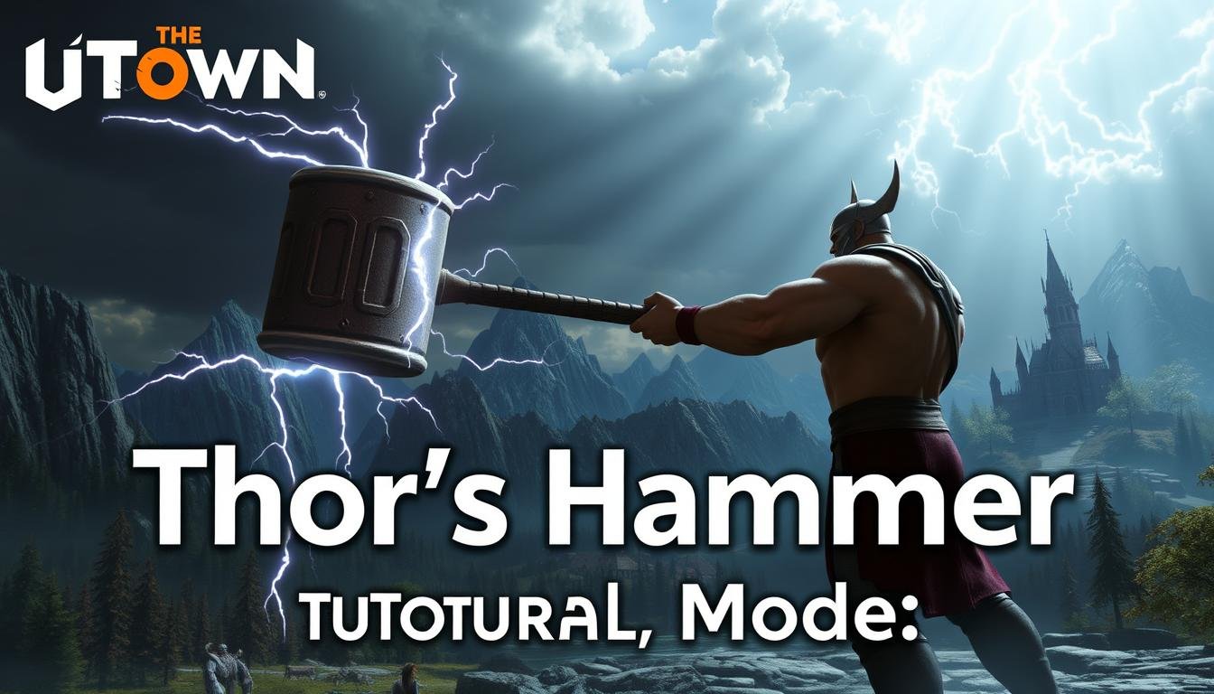 A scene depicting the &quot;Thor's Hammer&quot; tutorial mode from the UTown game. The foreground shows a heroic-looking, muscular figure wielding a massive hammer with lightning crackling around it. The middle ground features a detailed, fantastical landscape with towering mountains, lush forests, and a majestic castle in the distance. The background is illuminated by a dramatic, moody sky with billowing clouds and rays of sunlight filtering through. The overall atmosphere conveys a sense of power, adventure, and the opportunity to master the core mechanics of the game. The image is captured with a cinematic, wide-angle lens to emphasize the grandeur of the scene.
