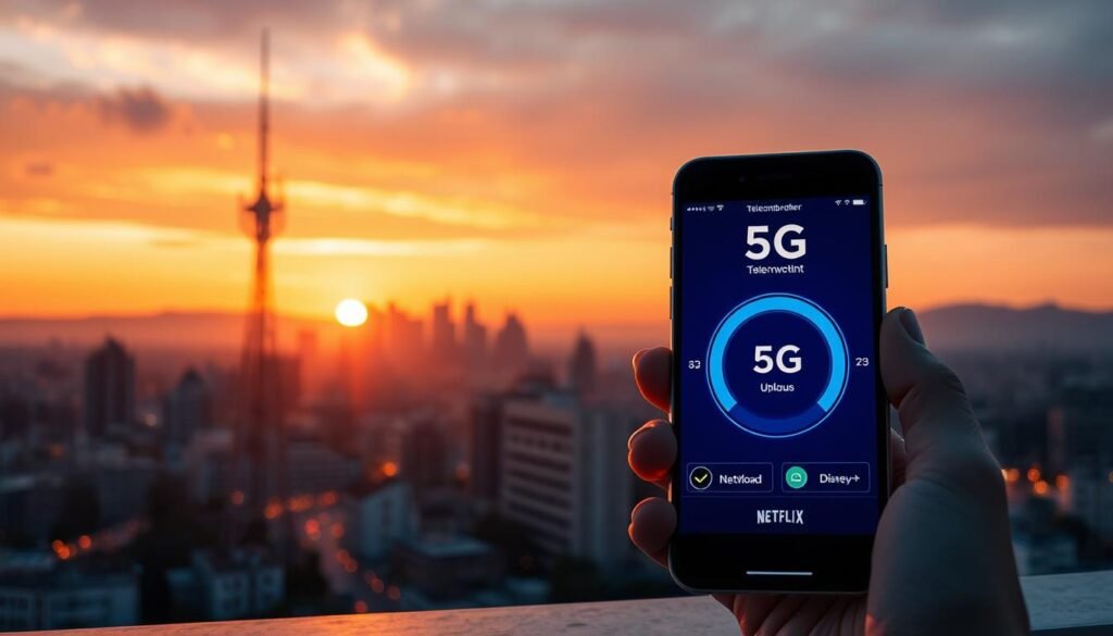 A stunning cityscape at dusk, with a towering 5G telecommunications mast silhouetted against a glowing orange sky. In the foreground, a sleek, modern mobile device displays a Telecombrother 5G network speed test, showcasing lightning-fast download and upload rates. The scene conveys the power and connectivity of the next-generation 5G network, with a focus on the key factors that make it an optimal choice for seamless streaming of Netflix, Disney+, and other media services. A stunning cityscape at dusk, with a towering 5G telecommunications mast silhouetted against a glowing orange sky. In the foreground, a sleek, modern mobile device displays a Telecombrother 5G network speed test, showcasing lightning-fast download and upload rates. The scene conveys the power and connectivity of the next-generation 5G network, with a focus on the key factors that make it an optimal choice for seamless streaming of Netflix, Disney+, and other media services.