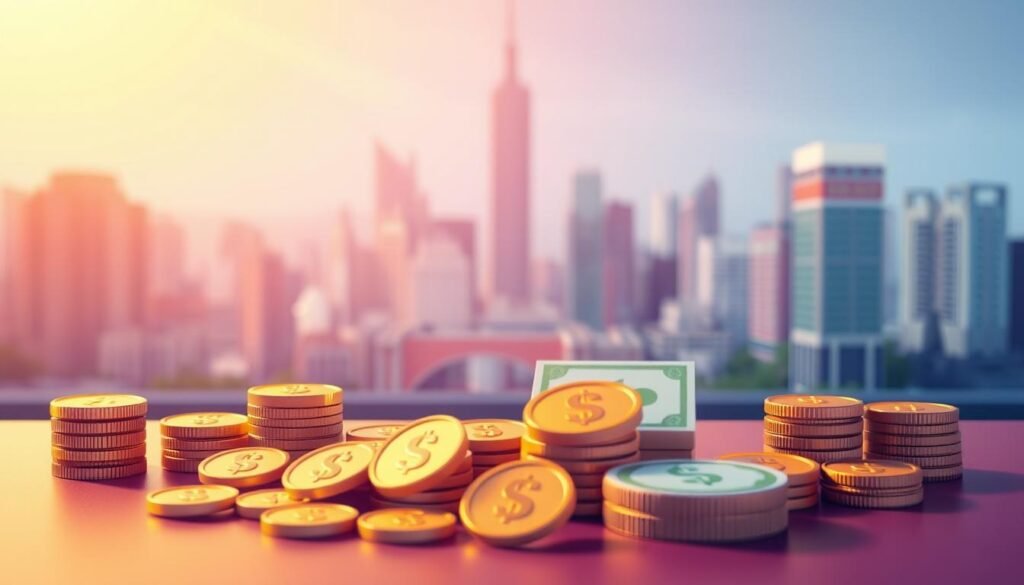 A vibrant and modern illustration of the UTown Entertainment City currency selection, showcasing a sleek and minimalist design. The foreground features a clean, rendered depiction of various currency icons, including coins and bills, arranged in an organized and visually appealing manner. The middle ground presents a subtle, blurred cityscape backdrop, hinting at the digital environment of the entertainment platform. The lighting is warm and inviting, creating a sense of sophistication and accessibility. The overall composition conveys a sense of clarity, simplicity, and the ease of managing one's financial preferences within the UTown ecosystem. A vibrant and modern illustration of the UTown Entertainment City currency selection, showcasing a sleek and minimalist design. The foreground features a clean, rendered depiction of various currency icons, including coins and bills, arranged in an organized and visually appealing manner. The middle ground presents a subtle, blurred cityscape backdrop, hinting at the digital environment of the entertainment platform. The lighting is warm and inviting, creating a sense of sophistication and accessibility. The overall composition conveys a sense of clarity, simplicity, and the ease of managing one's financial preferences within the UTown ecosystem.