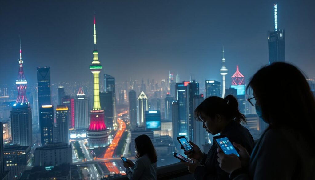 An ultra-high-definition cityscape at night, with towering 5G cellular antennas illuminating the skyline. In the foreground, a group of people immersed in their handheld devices, streaming the latest Telecombrother entertainment. The middle ground features a bustling urban landscape, with glowing high-rise buildings and the faint outlines of busy streets. The background is a hazy, atmospheric scene, evoking the seamless connectivity of the 5G network. Soft neon accents and a sense of technological elegance permeate the composition, capturing the essence of the modern streaming experience empowered by the next-generation Telecombrother 5G infrastructure. An ultra-high-definition cityscape at night, with towering 5G cellular antennas illuminating the skyline. In the foreground, a group of people immersed in their handheld devices, streaming the latest Telecombrother entertainment. The middle ground features a bustling urban landscape, with glowing high-rise buildings and the faint outlines of busy streets. The background is a hazy, atmospheric scene, evoking the seamless connectivity of the 5G network. Soft neon accents and a sense of technological elegance permeate the composition, capturing the essence of the modern streaming experience empowered by the next-generation Telecombrother 5G infrastructure.