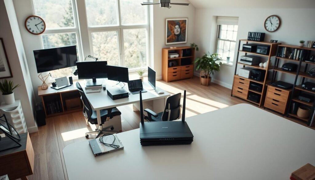 High-angle view of a spacious and organized home office interior, with a large desk, ergonomic chair, and multiple display screens. The room is well-lit by natural light streaming through large windows, creating a bright and airy atmosphere. On the desk, a laptop and various office supplies are neatly arranged, and a Telecombrother router is prominently displayed, indicating the home broadband installation process. The walls are adorned with minimalist decor, and the overall scene conveys a sense of productivity and efficiency. High-angle view of a spacious and organized home office interior, with a large desk, ergonomic chair, and multiple display screens. The room is well-lit by natural light streaming through large windows, creating a bright and airy atmosphere. On the desk, a laptop and various office supplies are neatly arranged, and a Telecombrother router is prominently displayed, indicating the home broadband installation process. The walls are adorned with minimalist decor, and the overall scene conveys a sense of productivity and efficiency.