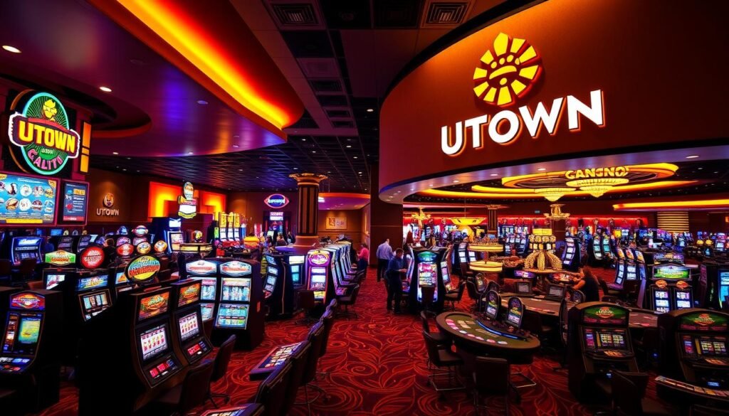 Vibrant casino interior, illuminated by warm, dramatic lighting. UTown casino logo prominently displayed on the wall. In the foreground, a diverse array of slot machines, electronic gaming tables, and interactive displays. The middle ground features a mix of traditional casino games like roulette, blackjack, and baccarat. In the background, a panoramic view of the casino floor, bustling with excited patrons. Detailed textures, rich colors, and a sense of energy and excitement permeate the scene, showcasing the depth and variety of gaming options available at UTown casino. Vibrant casino interior, illuminated by warm, dramatic lighting. UTown casino logo prominently displayed on the wall. In the foreground, a diverse array of slot machines, electronic gaming tables, and interactive displays. The middle ground features a mix of traditional casino games like roulette, blackjack, and baccarat. In the background, a panoramic view of the casino floor, bustling with excited patrons. Detailed textures, rich colors, and a sense of energy and excitement permeate the scene, showcasing the depth and variety of gaming options available at UTown casino.