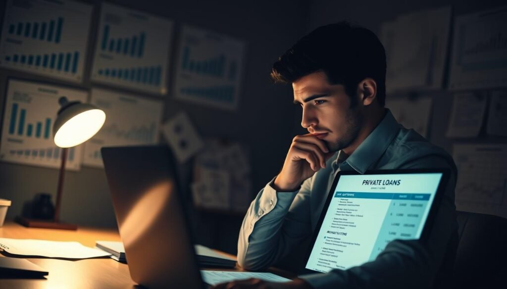 A dimly lit office space, the walls adorned with financial charts and documents. In the foreground, a laptop displays a detailed report on various private loan options, the screen's glow casting a warm light across the desk. In the middle ground, a thoughtful individual, dressed in professional attire, reviews the information, brow furrowed in contemplation. The background is hazy, evoking a sense of focused concentration, with muted tones and subtle shadows that create depth and atmosphere. The overall scene conveys a sense of careful research and decision-making, as the subject explores the intricacies of private loan recommendations for their specific financial situation.