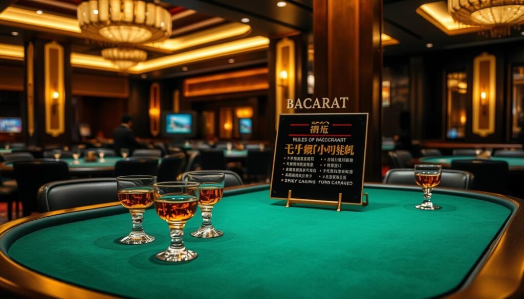 A neatly arranged table with a green felt surface, surrounded by a dimly lit casino environment. On the table, clear crystal glasses filled with amber liquid, elegant decor, and a display showcasing the rules of Baccarat in a stylized Chinese calligraphy script. Soft, warm lighting casts a sophisticated ambiance, while the background features subtle hints of traditional Chinese architectural elements, creating a harmonious fusion of modern and classic aesthetics. The overall composition exudes an air of refinement and exclusivity, inviting the viewer to immerse themselves in the timeless elegance of the Baccarat gaming experience. A neatly arranged table with a green felt surface, surrounded by a dimly lit casino environment. On the table, clear crystal glasses filled with amber liquid, elegant decor, and a display showcasing the rules of Baccarat in a stylized Chinese calligraphy script. Soft, warm lighting casts a sophisticated ambiance, while the background features subtle hints of traditional Chinese architectural elements, creating a harmonious fusion of modern and classic aesthetics. The overall composition exudes an air of refinement and exclusivity, inviting the viewer to immerse themselves in the timeless elegance of the Baccarat gaming experience.