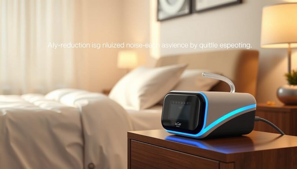 A peaceful, modern bedroom scene featuring a high-tech iCareCPAP sleep apnea machine on a nightstand. The machine has a sleek, minimalist design with subtle blue LED lighting accents. Soft, diffused lighting fills the room, creating a calming atmosphere. The bed is neatly made with crisp, white linens, and the room is decorated with soothing earth-toned furnishings. The iCareCPAP machine is the focal point, showcasing its advanced noise-reduction technology that enables a quiet, comfortable sleeping experience. A peaceful, modern bedroom scene featuring a high-tech iCareCPAP sleep apnea machine on a nightstand. The machine has a sleek, minimalist design with subtle blue LED lighting accents. Soft, diffused lighting fills the room, creating a calming atmosphere. The bed is neatly made with crisp, white linens, and the room is decorated with soothing earth-toned furnishings. The iCareCPAP machine is the focal point, showcasing its advanced noise-reduction technology that enables a quiet, comfortable sleeping experience.