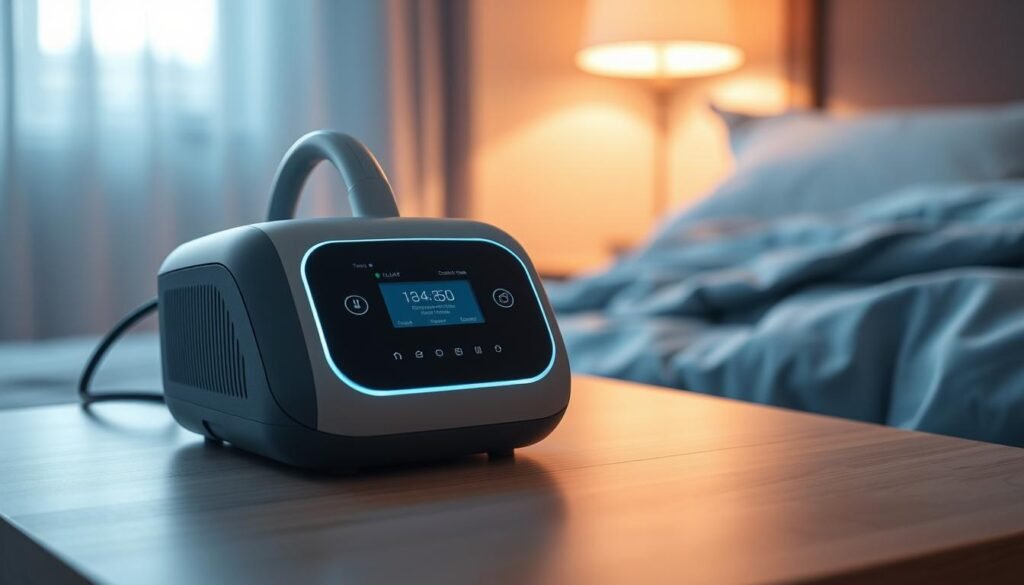 A sleek and modern iCareCPAP device, its sophisticated control panel illuminated with a soft glow, resting on a minimalist wooden nightstand. The device's curved design and muted grey finish exude a sense of premium quality and technological advancement. In the background, a tranquil bedroom scene unfolds, with warm lighting casting a cozy ambiance. The overall composition conveys the notion of a high-performance, yet comfortable and user-friendly sleep apnea treatment solution. A sleek and modern iCareCPAP device, its sophisticated control panel illuminated with a soft glow, resting on a minimalist wooden nightstand. The device's curved design and muted grey finish exude a sense of premium quality and technological advancement. In the background, a tranquil bedroom scene unfolds, with warm lighting casting a cozy ambiance. The overall composition conveys the notion of a high-performance, yet comfortable and user-friendly sleep apnea treatment solution.