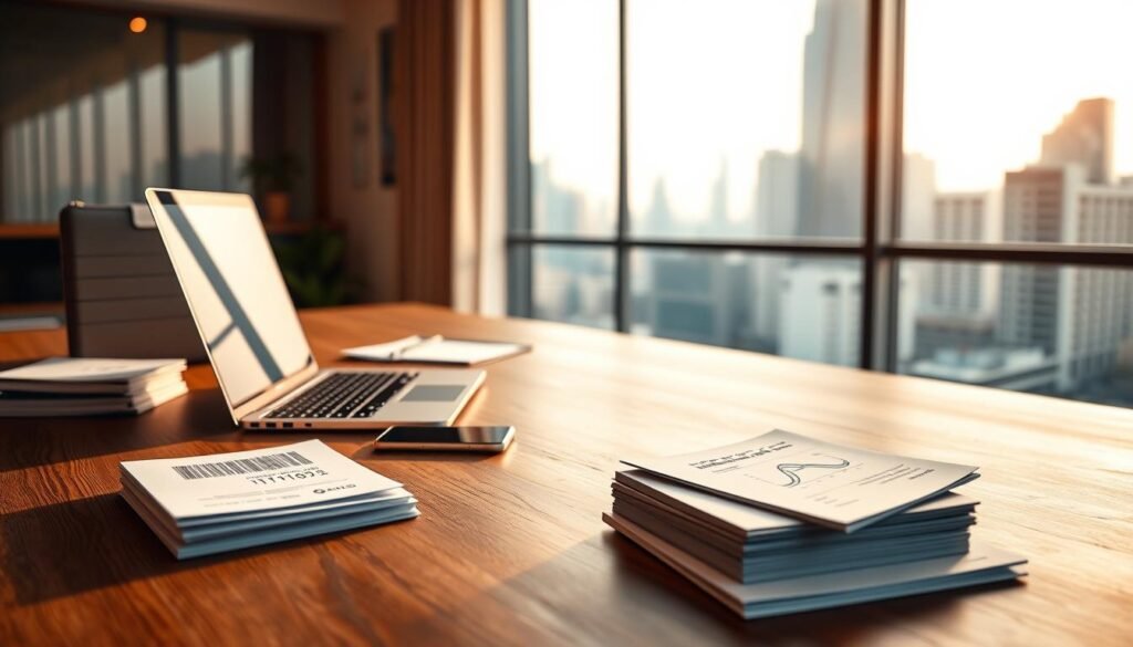 A sleek, modern office interior with a wooden desk showcasing a laptop, smartphone, and stacks of documents. Warm, diffused lighting illuminates the scene, creating a professional yet inviting atmosphere. In the background, a large window overlooks a bustling city skyline, symbolizing the financial opportunities available to self-employed individuals. On the desk, a stylized illustration or icon represents the concept of "信用貸款推薦", providing a visually engaging focal point. The composition emphasizes simplicity, elegance, and the empowerment of independent workers seeking reliable financial solutions.