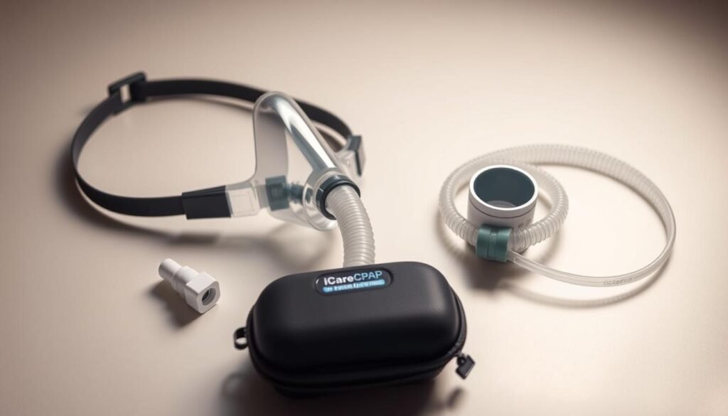 A closeup view of a high-quality CPAP machine accessory kit from the iCareCPAP brand. The kit includes a flexible silicone nasal mask, adjustable headgear, a durable tubing connector, and a compact travel case. The accessories are arranged neatly on a clean, minimalist surface, with soft, even lighting highlighting their modern, ergonomic design. The overall mood is one of clinical precision and patient-focused functionality, conveying the importance of properly maintained CPAP equipment for effective sleep apnea treatment.