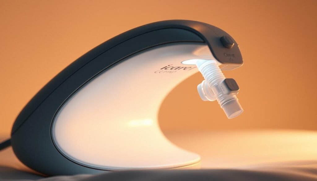 A sleek and modern iCareCPAP sleep apnea machine, its curved design and minimalist aesthetic exuding a sense of healthcare technology. Soft ambient lighting bathes the device, casting a warm, comforting glow. The machine's air intake and tubing ports are prominently featured, emphasizing its essential function in facilitating effortless breathing during sleep. The background is a soothing, slightly blurred gradient, allowing the iCareCPAP to take center stage as a vital tool for maintaining respiratory health and wellness. The overall mood is one of reassurance and well-being, reflecting the machine's crucial role in ensuring quality, restorative sleep.