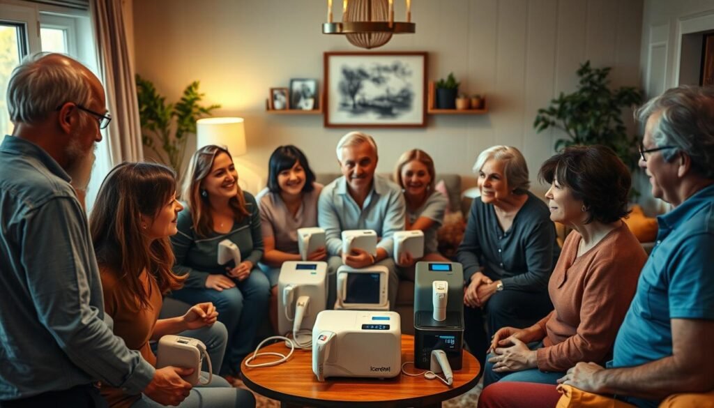 A vibrant and supportive community gathering, centered around a group of individuals using iCareCPAP sleep apnea machines. In the foreground, a circle of people engaged in conversation, their faces warm and welcoming. The middle ground features a display of the various iCareCPAP models, showcasing the latest technology. In the background, a cozy and inviting living room setting, with soft lighting and comfortable furnishings, creating a sense of togetherness and camaraderie. The overall mood is one of understanding, empowerment, and a shared journey towards better sleep and healthier lives. A vibrant and supportive community gathering, centered around a group of individuals using iCareCPAP sleep apnea machines. In the foreground, a circle of people engaged in conversation, their faces warm and welcoming. The middle ground features a display of the various iCareCPAP models, showcasing the latest technology. In the background, a cozy and inviting living room setting, with soft lighting and comfortable furnishings, creating a sense of togetherness and camaraderie. The overall mood is one of understanding, empowerment, and a shared journey towards better sleep and healthier lives.
