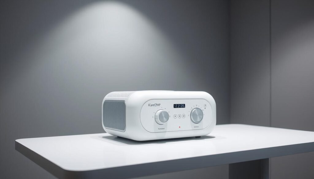 A well-lit, high-quality image of the iCareCPAP sleep apnea machine product in a clean, modern medical setting. The device is showcased on a sleek, minimalist table, its streamlined design and intuitive controls highlighted by soft, even lighting. The background features neutral gray walls, lending an air of professionalism and medical authority. The overall impression conveys the iCareCPAP's advanced technology, user-friendly interface, and suitability for sleep apnea treatment in a specialized sleep clinic or medical facility.