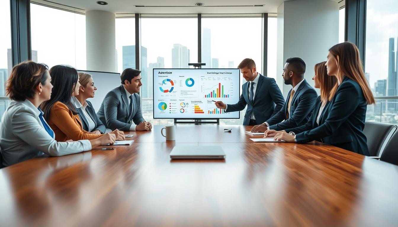 A sleek conference room setting with a large round table made of polished wood in the foreground. A diverse group of professionals, including men and women in sharp business attire, are engaged in a strategy meeting, analyzing a digital presentation on a screen displaying vibrant charts and graphs. The middle ground features detailed visual elements like a whiteboard filled with colorful brainstorming notes and strategic plans. The background showcases large windows with a view of a city skyline, allowing natural light to flood in, creating an upbeat and focused atmosphere. The lighting is bright yet soft, creating a professional but welcoming mood, captured from a slightly elevated angle to emphasize collaboration and innovation in advertising strategy development.