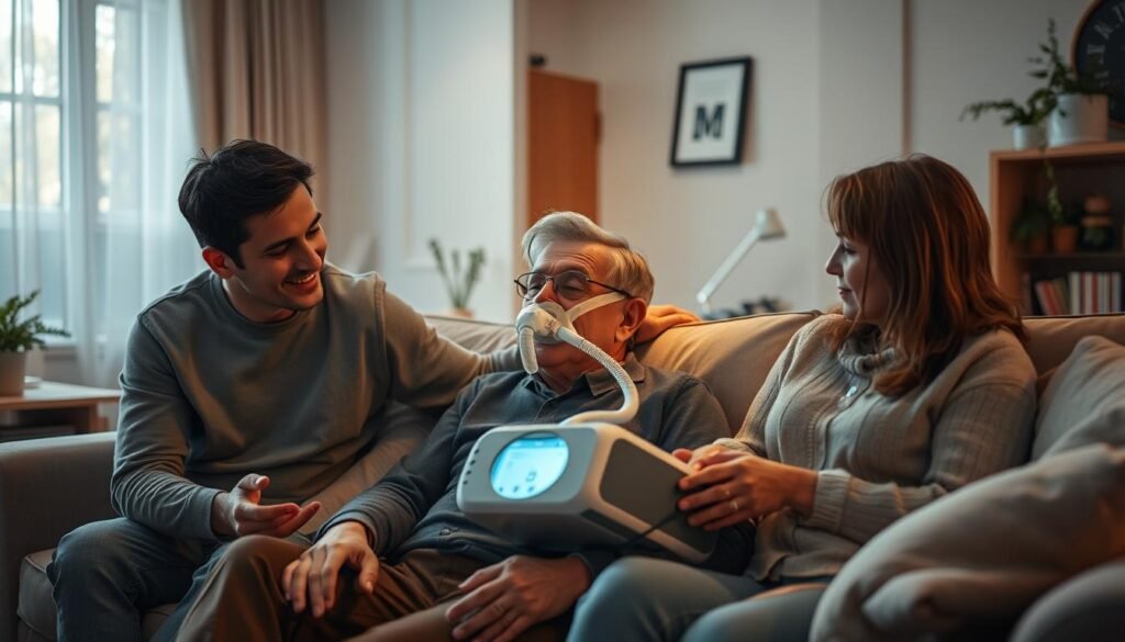 A warm, cozy family living room with a person using an iCPAP sleep apnea machine, surrounded by supportive family members. Soft, muted lighting illuminates the scene, creating a peaceful, nurturing atmosphere. The person is relaxed and comfortable, with loved ones offering care and reassurance. In the background, subtle hints of daily life - a bookshelf, family photos, a potted plant - convey a sense of home and belonging. The composition emphasizes the importance of a caring social support system for those managing sleep apnea and using respiratory equipment.
