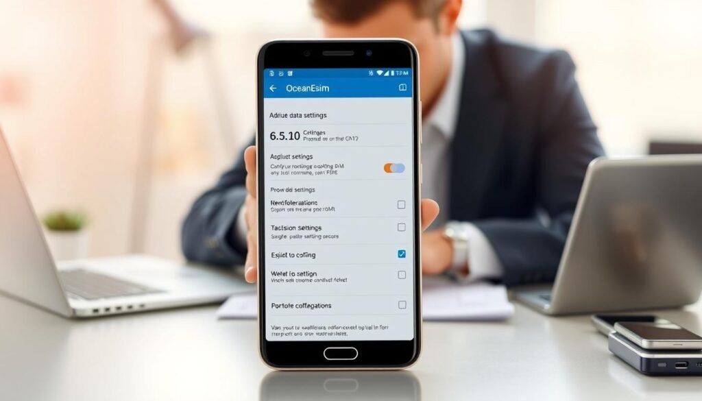 A detailed illustration depicting the configuration process for the OceanEsim to avoid data roaming on a dual-SIM smartphone. In the foreground, showcase a sleek modern smartphone with a clear screen displaying the OceanEsim settings menu. The middle ground contains a professional-looking individual, dressed in business attire, focused on adjusting the settings, surrounded by a tech-savvy ambiance. The background features a lightly blurred desk with technology elements such as a laptop and smart accessories, enhancing the tech environment. Soft, natural lighting casts a pleasant glow, emphasizing clarity and professionalism. The image should evoke a sense of confidence and ease, making the technology approachable and user-friendly for everyday users.