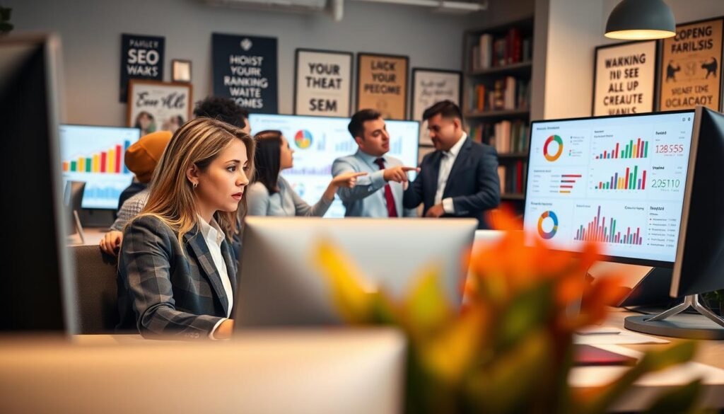 A professional office environment, showcasing a team of diverse individuals in business attire analyzing data on computers and large screens. The foreground features a focused woman analyzing colorful graphs and charts related to SEO keyword rankings and competitor analysis. In the middle, a collaborative group engages in discussion, pointing at a screen displaying a digital dashboard with keyword performance metrics and competitor comparisons. The background shows office elements like shelves filled with marketing books and motivational posters. Soft, warm lighting creates a productive atmosphere, while a slight depth of field effect makes the foreground stand out. The overall mood is of teamwork and strategic planning, emphasizing the relationship between competitor analysis and SEO keyword rankings.