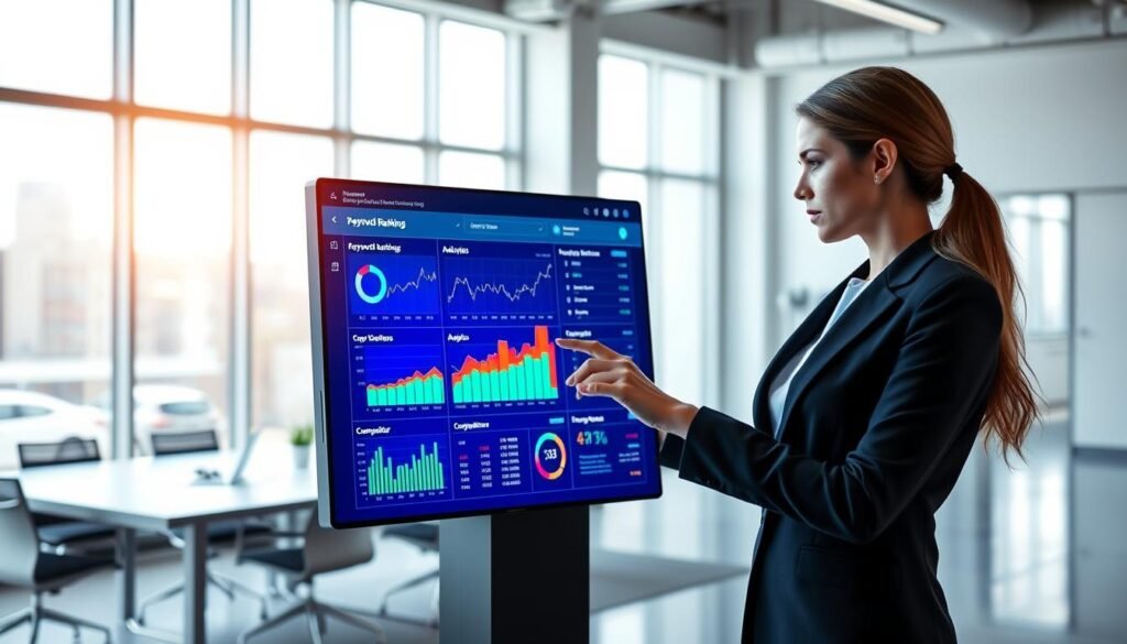 A sleek and modern digital workspace showcasing a keyword ranking tool integrated with competitive analysis features. In the foreground, a professional woman in smart business attire interacts with a high-tech touchscreen display, navigating through data visualizations and analytics reports. The middle ground features digital graphs and charts, illustrating keyword rankings and competitor insights, glowing softly in vibrant colors. In the background, a minimalist office with large windows allows natural light to flood the space, creating a bright and inspiring atmosphere. The overall mood is one of innovation and professionalism, emphasizing the impact of data-driven decisions in SEO strategies.