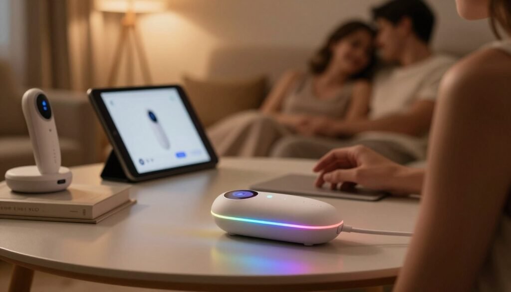 A modern, sleek display of innovative smart technology applied to intimacy products in a cozy, intimate setting. In the foreground, a beautifully designed device with soft curves and smooth surfaces, showcasing LED lights that change colors, symbolizing high-tech features. The middle ground features a stylish table with technology gadgets, like a tablet displaying an app interface for controlling the device. The background reveals a softly lit room with warm, inviting tones, perhaps with plush furniture that evokes a relaxing atmosphere. Use cinematic, warm lighting to enhance the ambiance, capturing a romantic moment for couples. The image should have a 4:3 aspect ratio, conveying a sense of intimacy and modern elegance.