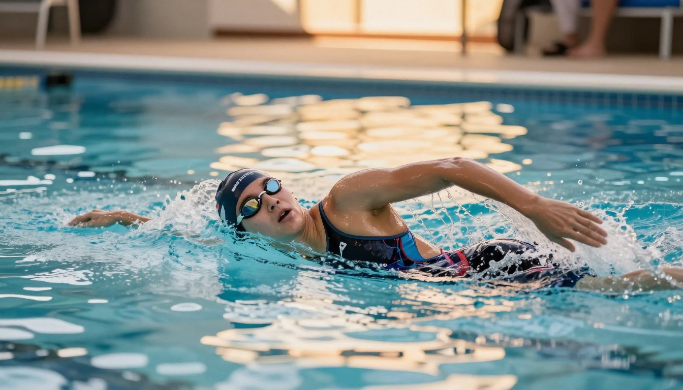 A serene swimming pool scene featuring a professional swimmer in a sleek, performance-oriented swimsuit. The swimmer, captured in a dynamic pose, demonstrates strong strokes in the water, showcasing the impact of swimsuit design on swimming efficiency. The foreground highlights the swimmer's focused expression, emphasizing determination and athleticism. In the middle ground, the shimmering surface of the pool reflects the warm, natural lighting from above, creating an inviting atmosphere. The background includes subtle details of a well-maintained pool deck and hints of spectators enjoying the event. The overall mood is one of concentration and awareness of the relationship between swimwear selection and athletic performance. The image is framed in a cinematic 4:3 aspect ratio for a professional finish.