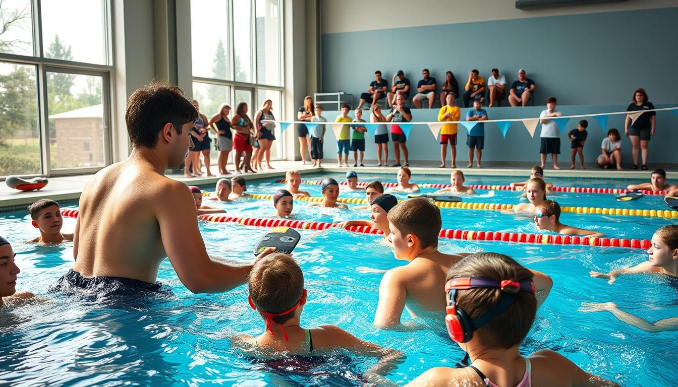A vibrant scene of a youth swimming training camp in action, showcasing a group of motivated teenagers engaged in various swimming drills. In the foreground, a diverse group of young swimmers is practicing strokes under the guidance of a focused coach, all wearing modest swim attire. The middle ground features a swimming pool filled with clear, blue water and training equipment like kickboards and paddles. In the background, parents and spectators observe, capturing the community spirit. Bright, natural lighting filters through large windows, creating a warm and energetic atmosphere. The angle of the shot captures both the intensity of training and the supportive environment, emphasizing the responsibility and influence of the swimming association in promoting the sport within the community.
