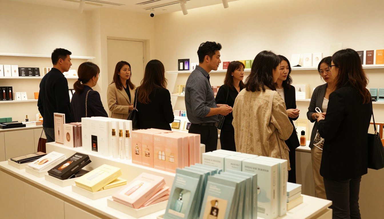 A vibrant scene set in a modern commercial space in Hong Kong, showcasing a variety of unique adult products displayed on elegant shelves. The foreground features tasteful, stylish packaging of different items, arranged neatly. In the middle ground, a diverse group of professional adults in modest casual outfits engages in lively discussions, examining products while exuding a sense of curiosity and openness. The background highlights sleek shop decor with soft, warm lighting that creates a cozy atmosphere, inviting exploration and discovery. Capture the essence of a cultural hub, blending modern sophistication with a welcoming vibe, shot with a slight tilt, using warm tones to enhance intimacy, in a 4:3 aspect ratio.
