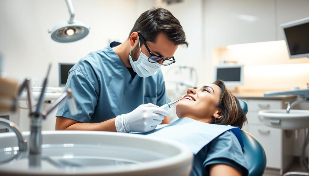 A clinical dental setting showcasing the application of ultrasonic scaling technology for dental calculus removal. In the foreground, a dentist, clad in professional scrubs and a mask, carefully operates an ultrasonic scaler on a patient lying in a dental chair. The dentist's focused expression conveys concentration and expertise. In the middle ground, dental instruments and a sink filled with rinsing water reflect the preparation for the procedure. The background includes dental equipment and a sterilization area, illuminated by bright, clinical lighting that gives a clean and sanitized atmosphere. The image should have a clear focus on the interaction between the dentist and patient, portraying a dynamic yet professional ambiance. The perspective should be slightly angled to capture both the equipment and the clinical environment effectively.