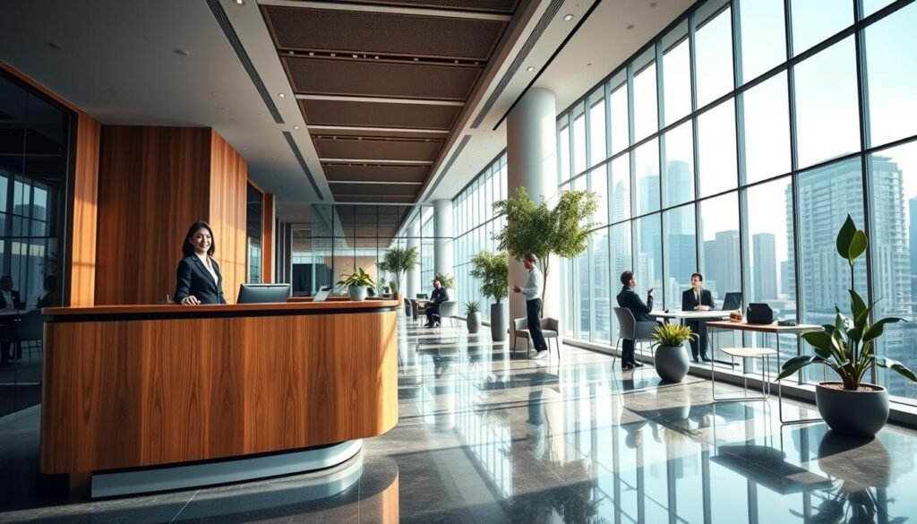A sleek, modern office interior in a Grade A commercial building, showcasing a sophisticated atmosphere. The foreground features a stylish wooden reception desk with a professional-looking female receptionist dressed in formal business attire, greeting visitors. In the middle ground, a bright and open workspace with large windows displaying a bustling cityscape outside, where natural light pours in, enhancing the ambiance. Sleek office furniture and potted plants add a touch of greenery. The background reveals glass-walled meeting rooms with diverse professionals engaged in discussions, all dressed in smart business attire. The image conveys a sense of professionalism and prestige, with a polished, inspiring vibe that highlights the importance of an upscale business address for enhancing corporate image. Bright, even lighting emphasizes clarity, while a slight depth of field focuses on the reception area.
