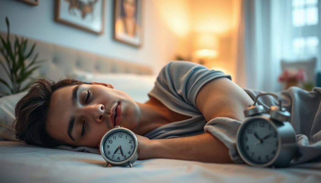 A serene bedroom scene, focusing on a person sleeping peacefully on their side, dressed in modest pajamas. The foreground features a close-up of the individual's face, showcasing a relaxed expression with slightly open lips, portraying a gentle snore. In the middle ground, a bedside table holds a small alarm clock, displaying a calm, dim light. The background includes soft, warm lighting streaming through a window, creating a cozy atmosphere. Subtle details, such as a decorative plant and calming artwork on the walls, enhance the soothing ambiance. The overall mood conveys tranquility, suggesting the impact of restful sleep and subtly hinting at issues related to snoring. The image should be captured with a shallow depth of field, focusing on the sleeping figure while softly blurring the background.