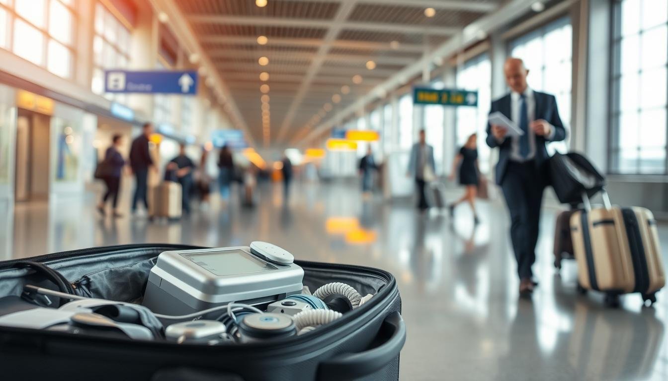 A well-organized travel scene highlighting the importance of a sleep apnea machine. In the foreground, a neatly packed suitcase opens to reveal a compact sleep apnea machine, with visible components neatly arranged. The middle ground features a traveler, a professional in business attire, checking his travel documents while the sleep machine subtly takes center stage. In the background, an airport terminal with bustling travelers and clear signs creates a vivid atmosphere, emphasizing the significance of the device in a busy travel context. Soft, natural lighting filters in through large windows, giving a warm and reassuring ambiance, reflecting the peace of mind that a sleep apnea machine provides during air travel. The perspective captures the interplay of the traveler and the essential technology, highlighting its crucial role on the journey.